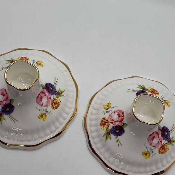 Vintage Royal Adderly Floral Porcelain Candle Holders with Gold Trim - Picture 6 of 8